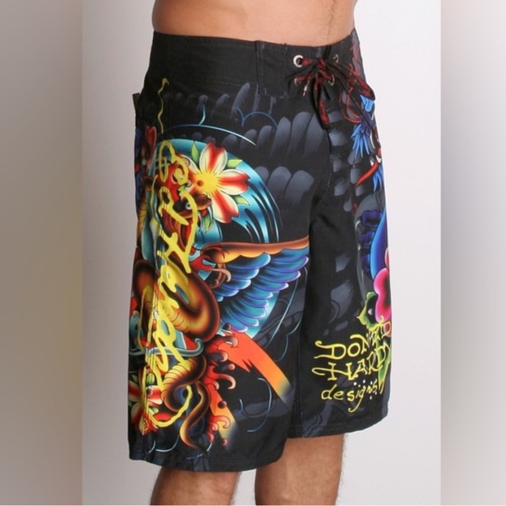 Vintage Ed Hardy Dragon Rose Board Shorts Black Multicolor Beach Resort-34